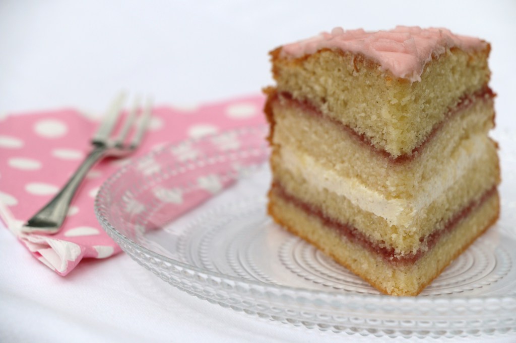 three-layer iced victoria sponge