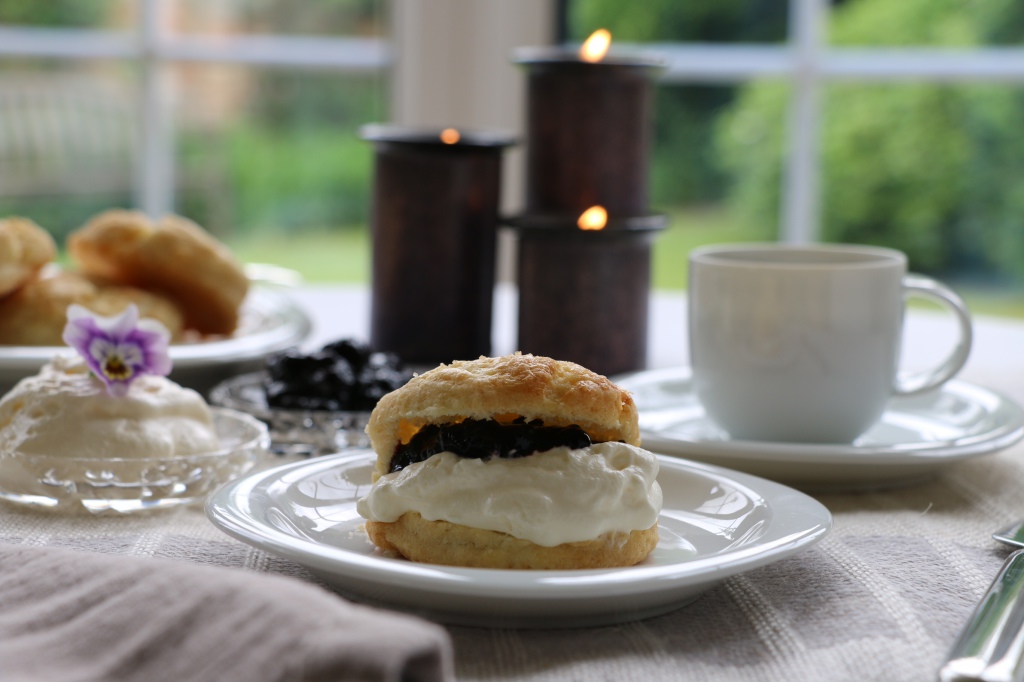 cream tea with scone and blackcurrant jam