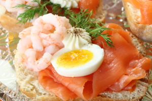 salmon, egg and shrimp smorrebrod