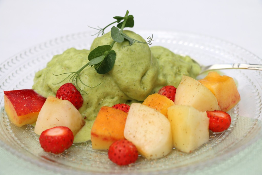 Fresh pea ice cream with mint and basil