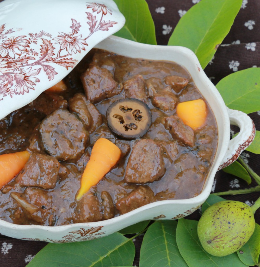 venison braise with pickled walnuts and carrots