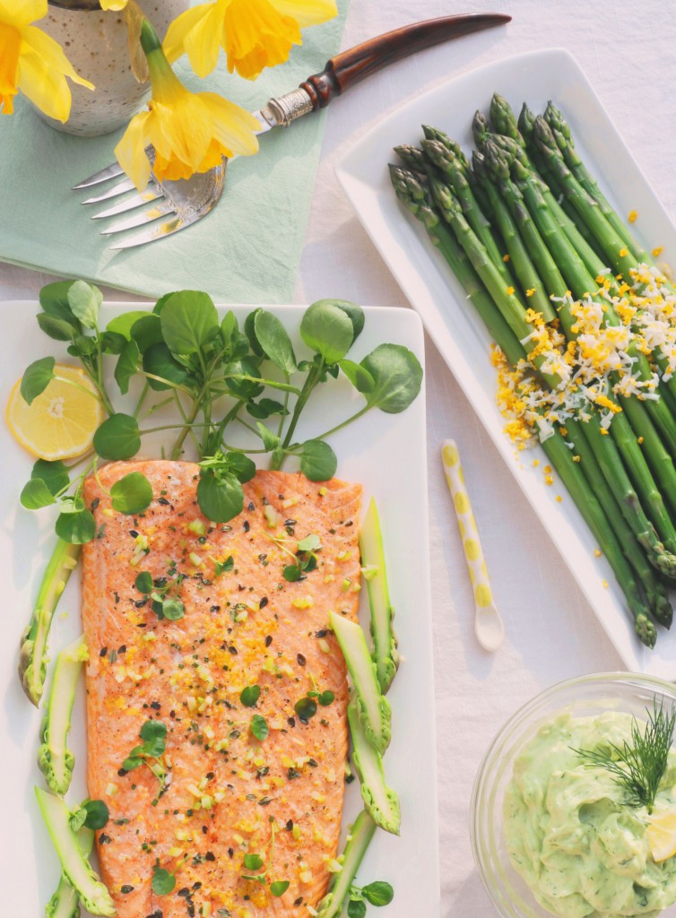 ENGLISH ASPARAGUS WITH SPRING GREEN MAYONNAISE AND SIDE OF SALMON