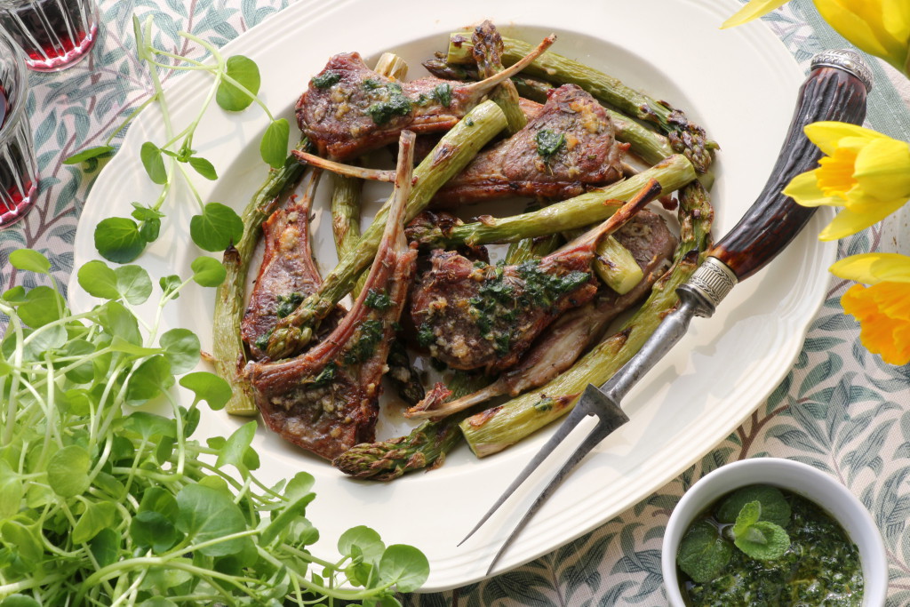 Grilled Lamb Chops and asparagus with mint parlsey pesto