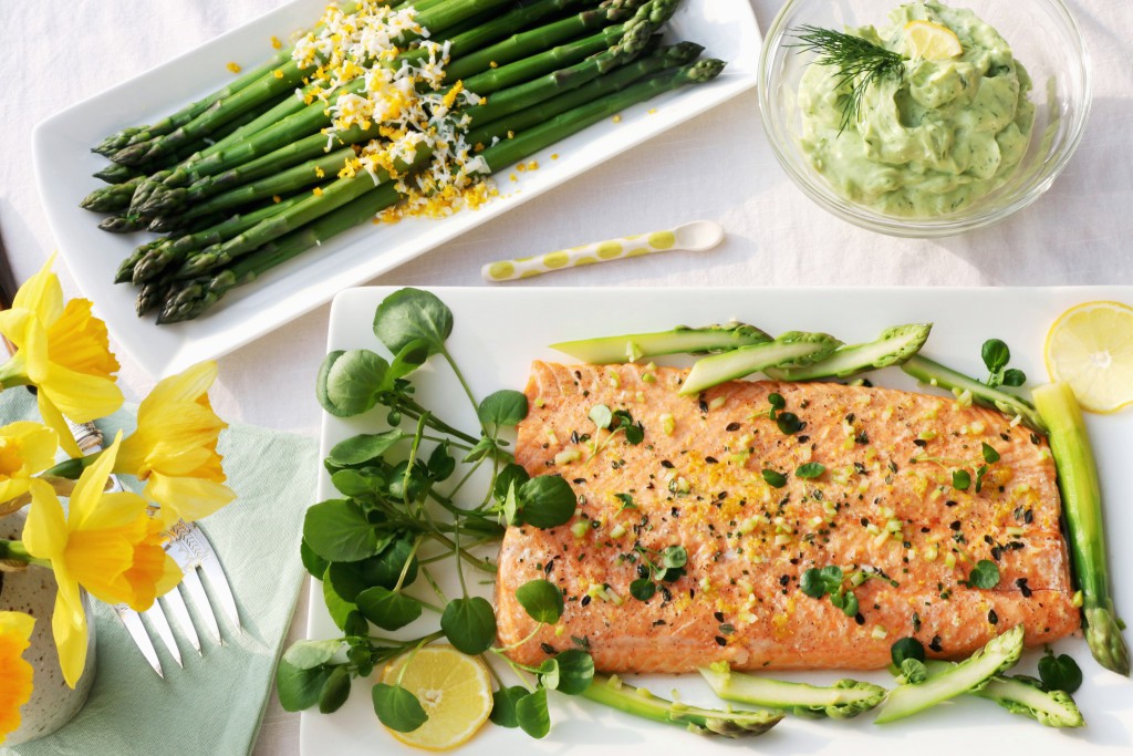 SIDE OF SALMON WITH ASPARAGUS AND SPRING GREEN MAYONNAISE