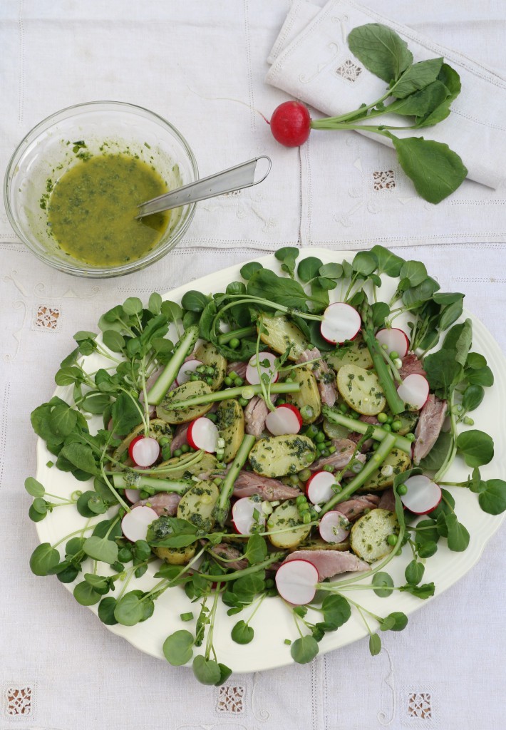 Crumbs on the table Spring Salad with wild garlic, new potatoes and radishes CN