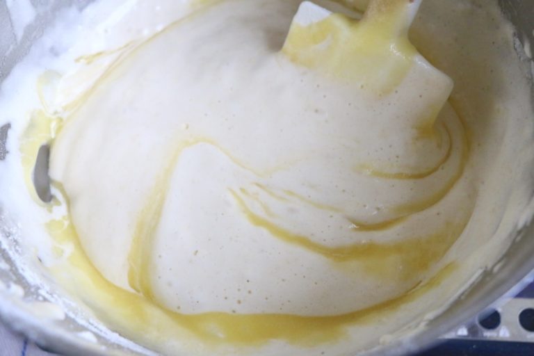 folding in the cooled melted butter Crumbs on the Table